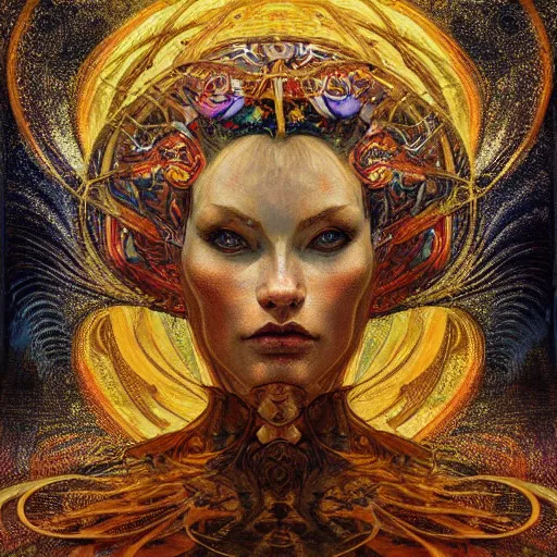 Image similar to Divine Chaos Engine by Karol Bak, Jean Deville, Gustav Klimt, and Vincent Van Gogh, beautiful visionary mystical portrait, sacred, otherworldly, fractal structures, ornate gilded medieval icon, third eye, spirals