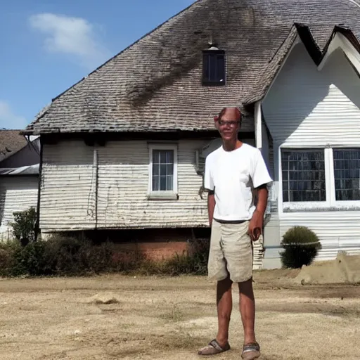 Prompt: a man standing proudly in front of a really badly built house