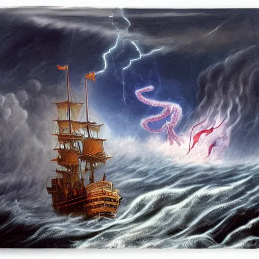 Image similar to a highly detailed hyperrealistic scene of a ship being attacked by giant squid tentacles, jellyfish, squid attack, dark, voluminous clouds, thunder, stormy seas, pirate ship, dark, high contrast, fiery galaxy, nomadic