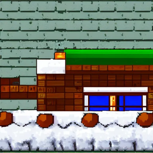 Prompt: a comfy winter cottage in the woods, sidescroller platformer pixel art level design