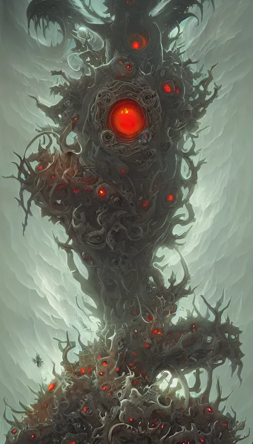 Image similar to a storm vortex made of many demonic eyes and teeth, by peter mohrbacher