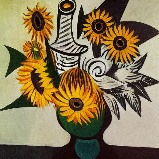 Prompt: a painting of a vase with sunflowers by pablo picasso, black and white