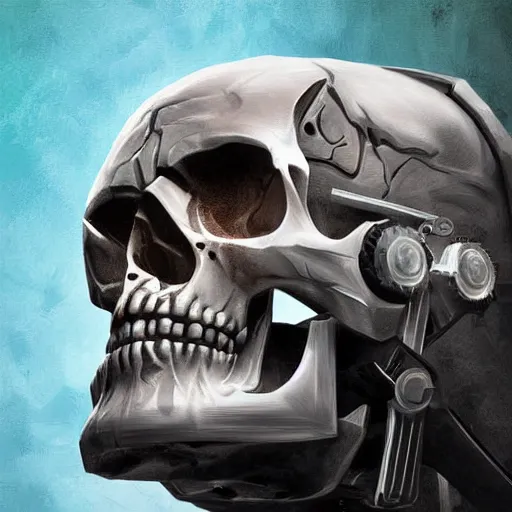 Image similar to cyborg skull crushed on table, digital painting , realistic illustration