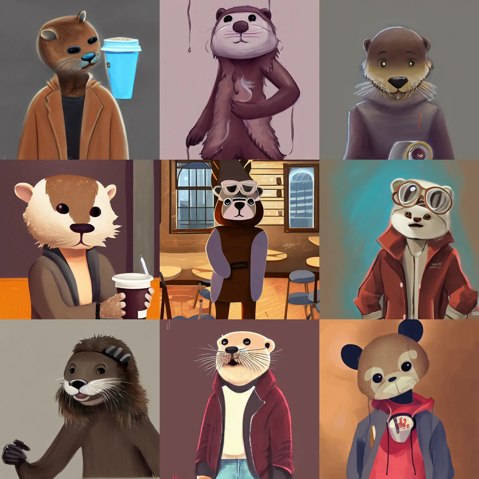 Prompt: anthropomorphic furry otter wearing cool clothes in a coffee shop, trending on art station, furaffinity, harsh lighting, painting