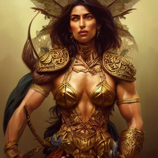 Image similar to fullbody portrait of pelin baynazoğlu, muscular, upper body,big chest, amazon warrior, fantasy, intricate, elegant, highly detailed, digital painting, artstation, concept art, matte, sharp focus, illustration, art by Artgerm and Greg Rutkowski and Alphonse Mucha