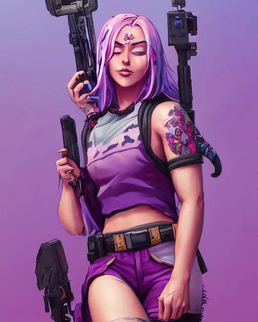 Image similar to beautiful female purple hair tattoo symmetrical face eyes twitch streamer full length fantasy art apex fortnite Video game icon, 2d game art gta5 cover , official fanart behance hd artstation by Jesper Ejsing, by RHADS, Makoto Shinkai and Lois van baarle, ilya kuvshinov, rossdraws