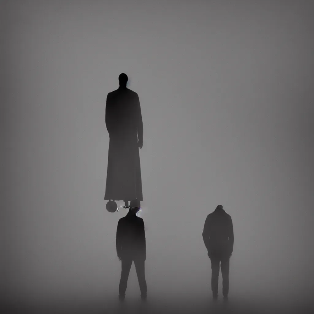 Prompt: a man standing in the fog who has a ball and chain instead of a head. artwork, surrealist, metaphysical, metaphorical, ephemeral, atmospheric, symbolic art.
