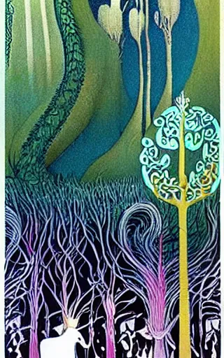 Prompt: an enchanted forest by Kay Nielsen and Eyvind Earle