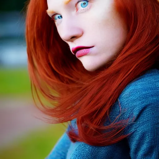 Prompt: close up portrait photograph of a thin young redhead woman with russian descent, with deep blue eyes. Wavy long maroon colored hair. she looks directly at the camera. Slightly open mouth, with a park visible in the background. 55mm nikon. Intricate. Very detailed 8k texture. Sharp. Cinematic post-processing. Award winning portrait photography. Sharp eyes.