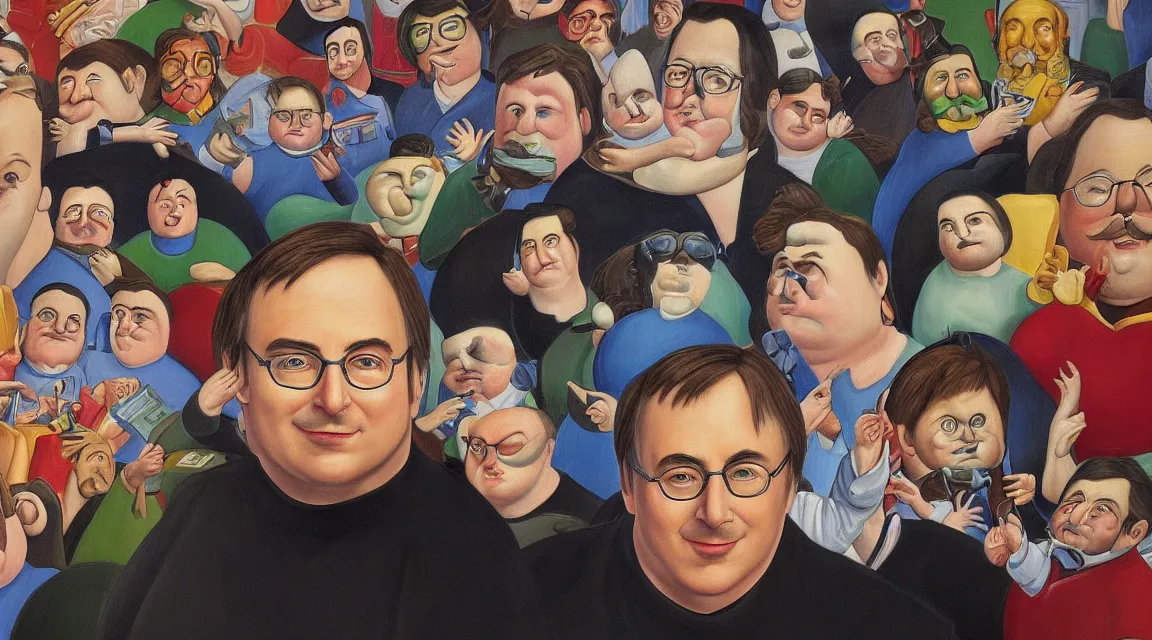 Image similar to Wallpaper of Linus Torvalds in a datacenter painted by fernando botero