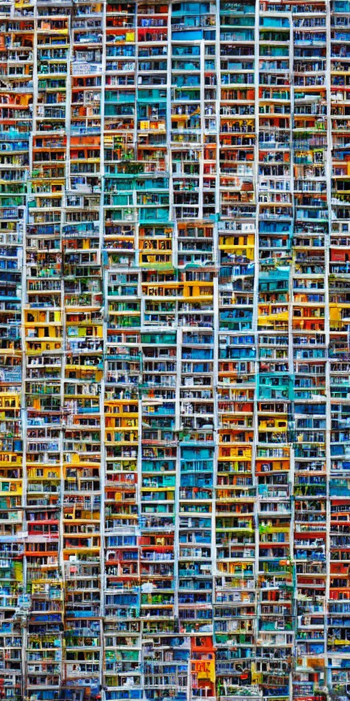 Image similar to a vertical building made up of various colourful makeshift squatter shacks, sony a 7 r 3, f 2 2, fully frontal view, photographed by ansel adams, gursky, jeanette hagglund, ultra detailed,
