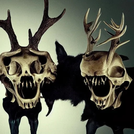 Prompt: two creatures with deerk skull heads shaking hands and looking at the camera, horror, nightmare, terrifying, surreal, nightmare fuel,