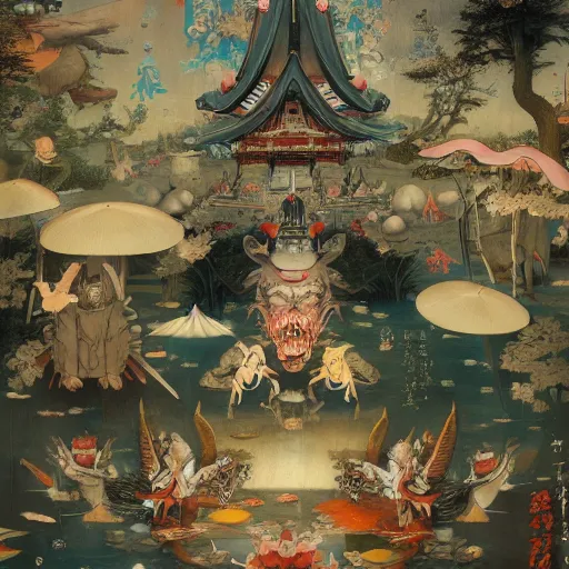 Image similar to Japanese Temple by Hieronymus Bosch and James Jean, Ross Tran, very coherent, hypermaximalist, 8k, surreal oil painting, highly detailed, dream like, masterpiece