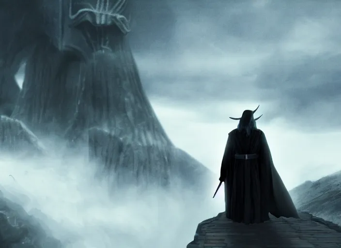 Image similar to gandalf staring darth vader, on the bridge of khazad dum, dark, fiery, mines of moria, heavy rain, night time, lord of the rings aesthetic, in style of alan lee, cinematic, cinematic lighting, octane render, motion blur, highly detailed