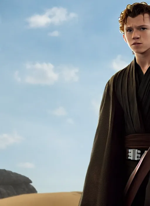 Image similar to tom holland plays anakin skywalker in the live action remake of star wars revenge of the sith, 3 5 mm photography, highly detailed, cinematic lighting, standing pose, 4 k