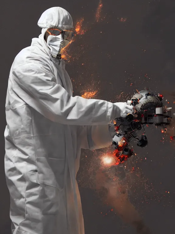 Image similar to scientist in a white coat, chemicals explosion on a white table in front of the scientist, digital art, digital painting, masterpiece, anatomically correct, five fingers, cinematic, high coherence, realistic, high quality, highly detailed, 8 k, dramatic lighting, path traced, centered, high definition