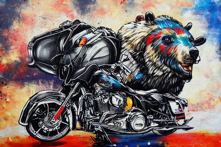 Prompt: a bear riding a Harley Davidson by Sandra Chevrier