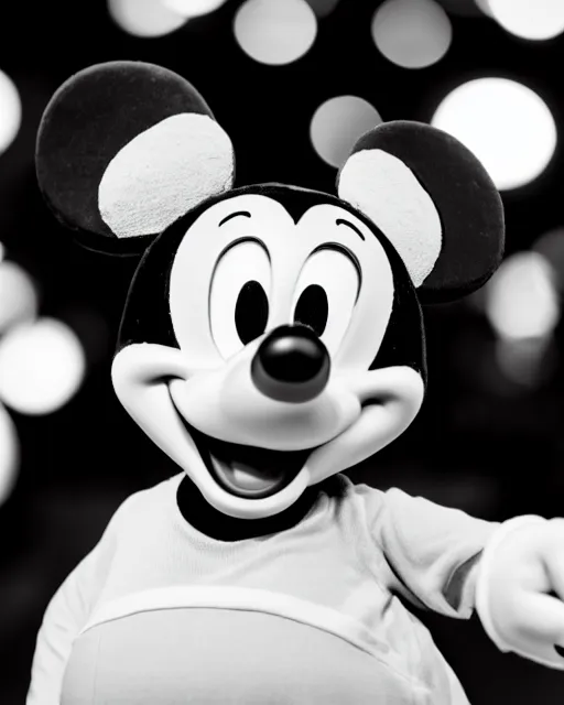 Image similar to A black-and-white studio portrait of a happy-looking Mickey Mouse in the style of a happy cartoon movie; bokeh, 90mm, f/1.4
