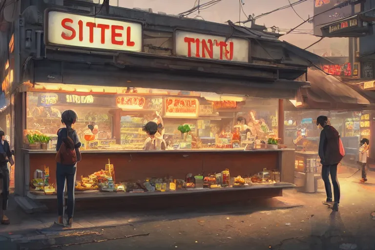 Image similar to A highly detailed matte painting of a single small snack bar with take away counter with sign by Studio Ghibli, Makoto Shinkai, by Artgerm, by WLOP, by Greg Rutkowski, volumetric lighting, cyberpunk, octane render, 4K resolution, trending on artstation, masterpiece