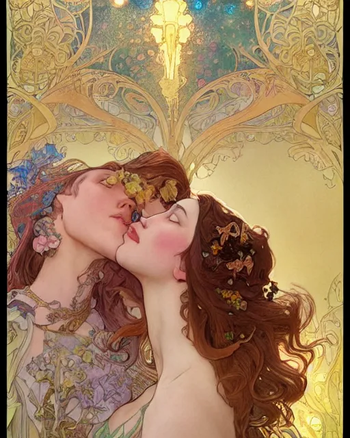 Image similar to the kiss | highly detailed | very intricate | art nouveau | gold filigree | romantic storybook fantasy | soft cinematic lighting | award - winning | disney concept art watercolor illustration by mandy jurgens and alphonse mucha and alena aenami | pastel color palette | featured on artstation