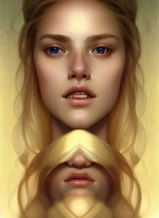 Prompt: symmetrical beautiful face, portrait of young woman blessed by god with ever - increasing physical and mental perfection, blonde hair, perfect face!! intricate, elegant, highly detailed, vision of holy perfection!! smile, digital painting, artstation, concept art, smooth, sharp focus, illustration, art by artgerm and greg rutkowski and alphonse mucha