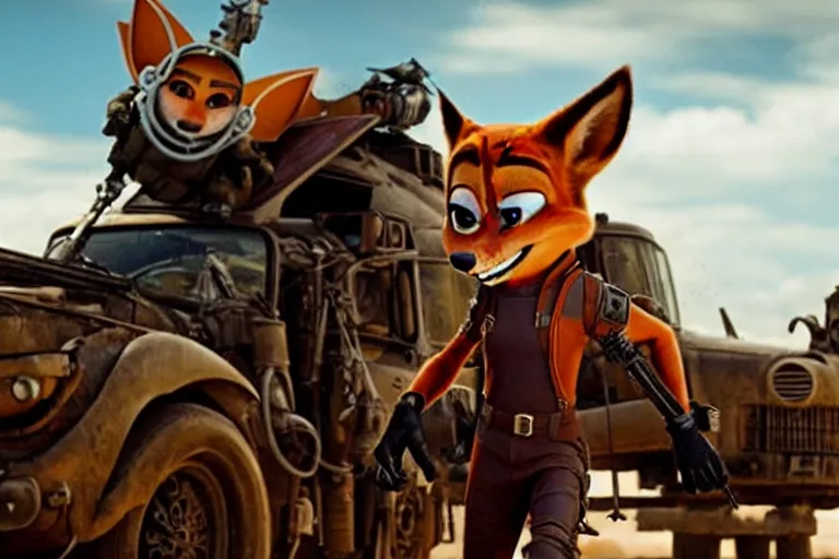 Image similar to nick wilde, heavily armed and armored facing down armageddon in a dark and gritty reboot from the makers of mad max : fury road