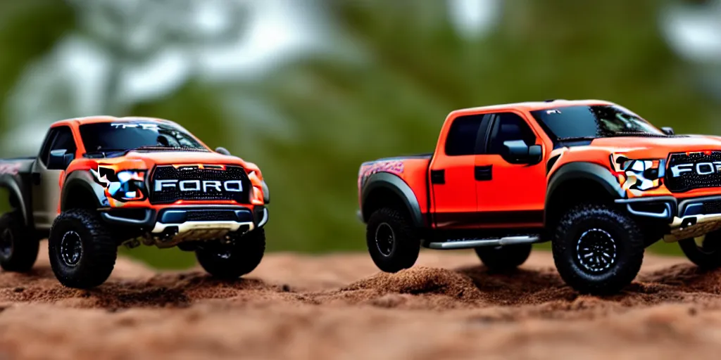 Prompt: Hot Wheels, Ford F-150 Raptor, cinematic, Maxxis, 8k, depth of field, bokeh.