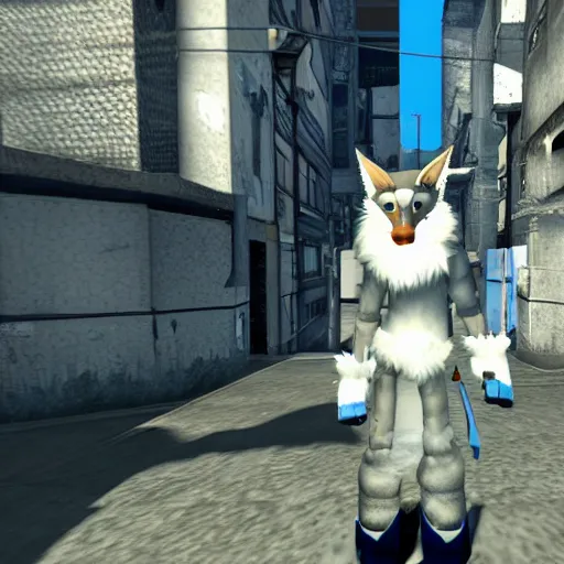 Prompt: furry anthro digital video game screenshot source engine of an anthropomorphic wolf with white fur wearing blue uniform standing in an alley city 17 in background from half life 2