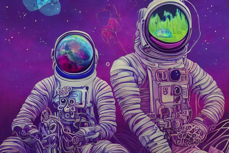 Image similar to surreal painting by chesley bonestelll!!, an astronaut sitting near a river + psychedelic vegetation + purple, pink, blue + planets and stars + mystic fog, 5 0's vintage sci - fi style, rule of third!!!!, line art, 8 k, super detailed, high quality