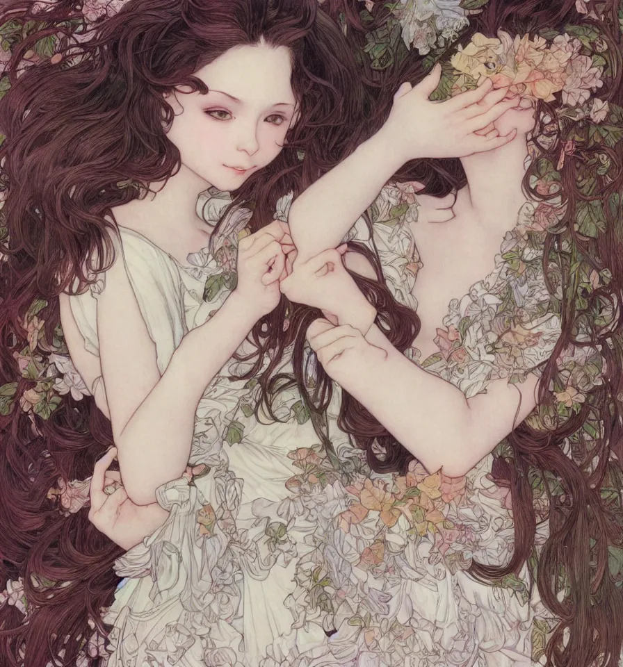 Image similar to portrait of a girl covered in white powdered sugar posing for the camera. insanely and epically detailed supreme-quality color pencil artwork, exquisitely detailed soft shadowing, amazingly composed image, epic pencil illustration, by Range Murata and by Alphonse Mucha and by Katsuhiro Otomo.