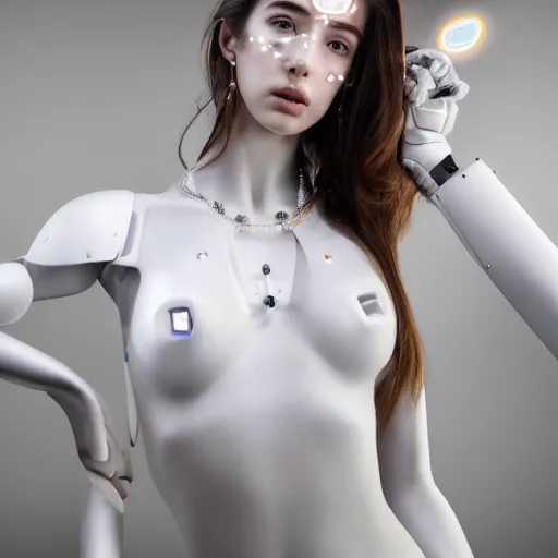 Prompt: beautiful Fine art photo portrait of sensuous Sarah Mcdaniel as a solarpunk robotic goddess, white mechanical parts with led lights, photorealistic, white background, highly detailed and intricate, studio lighting, HDR 8k