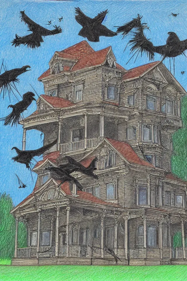 Prompt: Victorian villa with crooked chimney is surrounded by crows, Colored pencil drawing