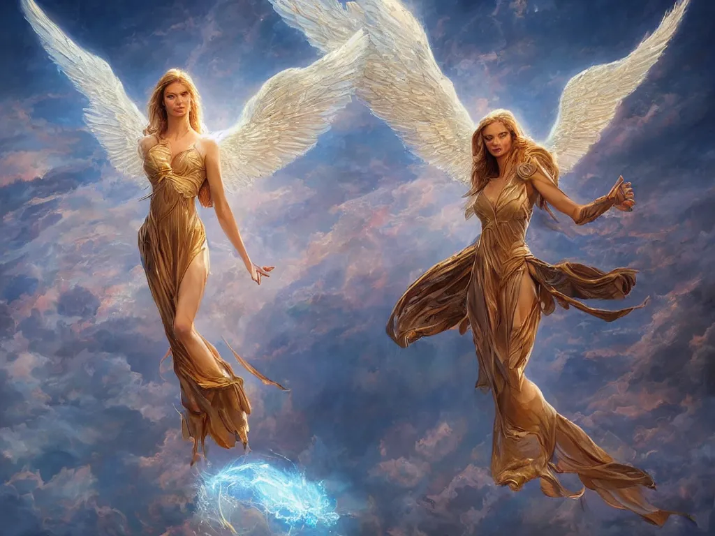 Prompt: beautiful rumanian angel soaring in the sky, wide - angle, ultra - detailed, digital art, trending in artstation, cinematic lighting, studio quality, smooth rendering, victorious pose, concept art, smooth, clear focus, illustration, artgerm and greg rutkowski, artey freytag, alex grey