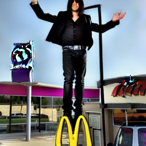 Image similar to criss angel mindfreak levitating over mcdonalds