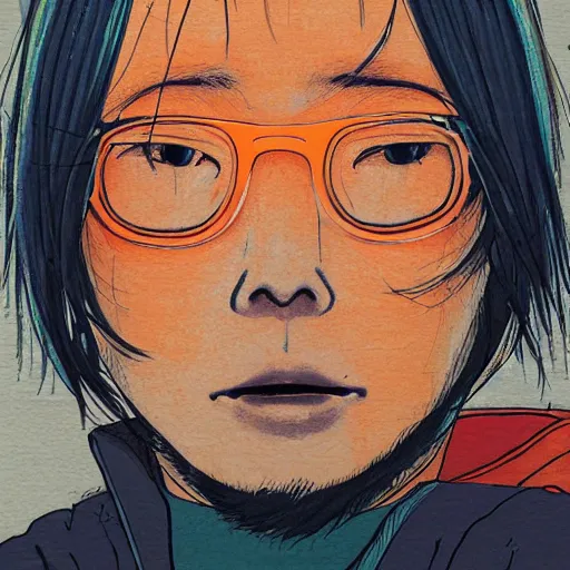 Image similar to a colorful portait of a man with an orange hoodie made by inio asano, detailed