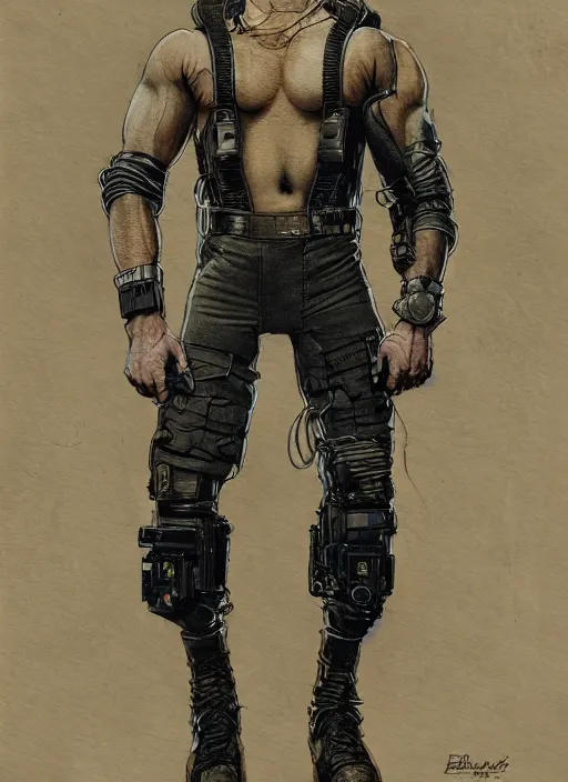 Image similar to menacing cyberpunk weight lifter in military vest and jumpsuit. dystopian. portrait by stonehouse and mœbius and will eisner and gil elvgren and pixar. realistic proportions. cyberpunk 2 0 7 7, apex, blade runner 2 0 4 9 concept art. cel shading. attractive face. thick lines.