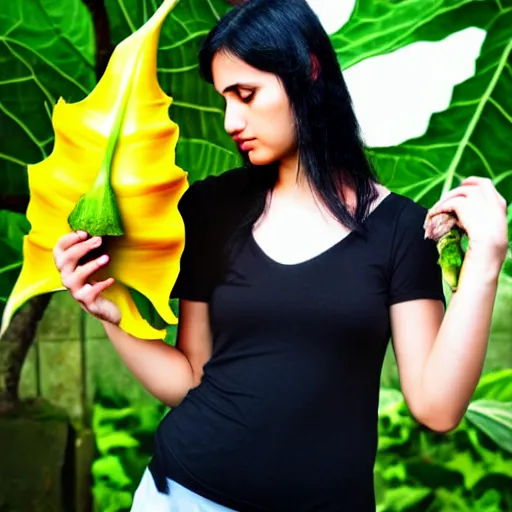 Image similar to beautiful girl with black hair, holding brugmansia flower, colour, dark scenery, sad