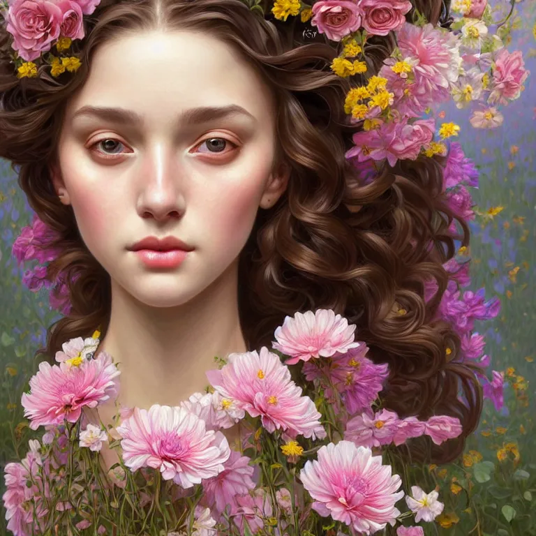 Image similar to full - length portrait!!!! about the beautiful!!!! symmetrical face!! girl, beautiful, cute face decorated with flowers and plants, complex, elegant, highly detailed, digital painting, artstation, concept art, smooth, clear focus, illustration, works by artgerm, greg rutkowski and alphonse mucha, 8 k