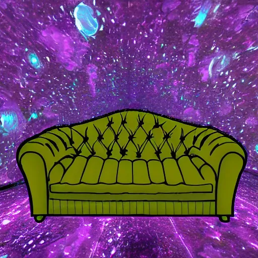 Image similar to couch sofa chesterfield flying through space psychedelic trippy eldritch horror cartoon