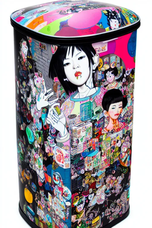 Image similar to full view, from a distance, of anthropomorphic taiwanese trashcan full of trash, style of yoshii chie and hikari shimoda and martine johanna, highly detailed