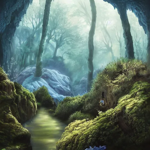 Prompt: a mystical cave, still blue water calm as a mirror, dark rocks, shadows, mossy ground, atmospheric, butterflies, glowing mushrooms, misty, masterpiece, very detailed, cold blue light, trending on artstation, hyperrealistic, painted by Jessiah Thomason