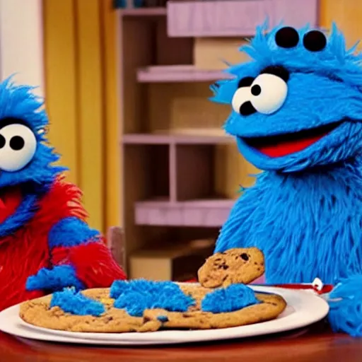 Image similar to Cookie Monster Muppet on Sesame Street eating pizza in secret, happy