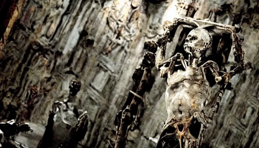 Image similar to Movie by Ridley Scott about gothic catacombs where a cyborg zombie is crucified