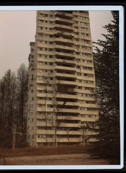 Prompt: polaroid photo small soviet apartment building stands at russian suburbs, full frame