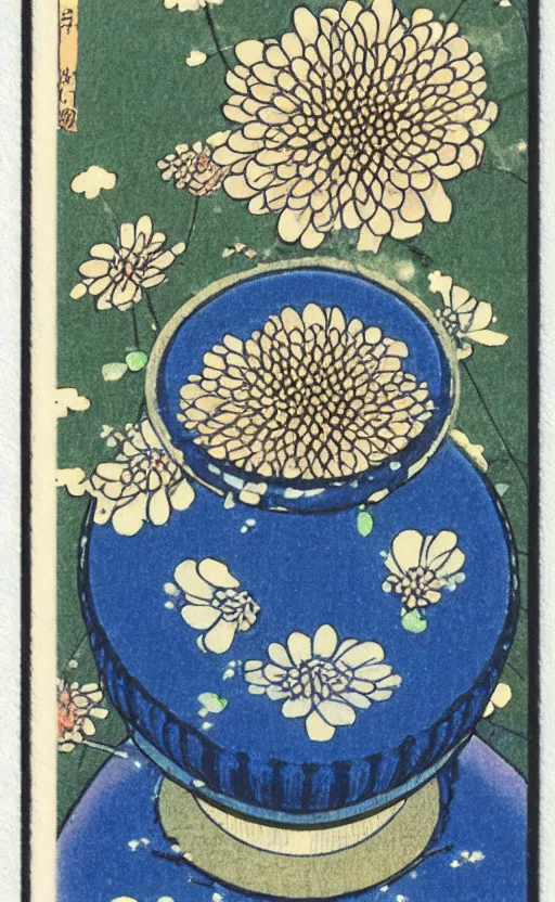 Prompt: by akio watanabe, manga art, a chrysanthemum flower inside a blue and very small sake cup, trading card front