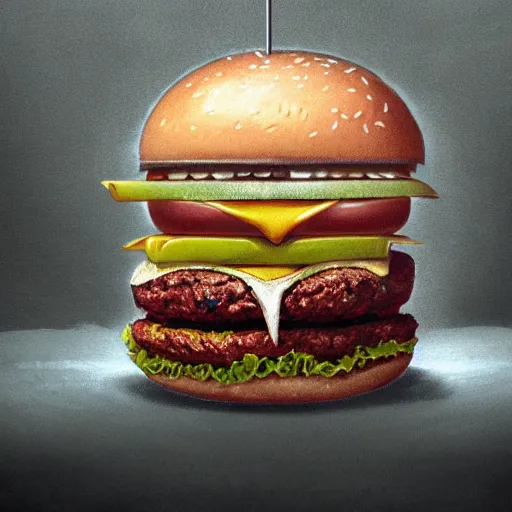 Image similar to a monster with a hamburger head, hamburger face, burger with human eyes in top bun, burger with a mouth, teeth between bread and patty, character concept art, fantasy, dnd, intricate, fantasy drawing, illustration, highly detailed, hyperrealistic, cgsociety, artstation, oil painting by greg rutkowski and david lynch