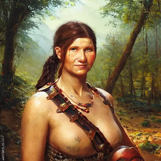 Image similar to portrait of a germanic hunter - gatherer tribe woman ( 3 5 ) from the the netherlands, an oil painting by ross tran and thomas kincade