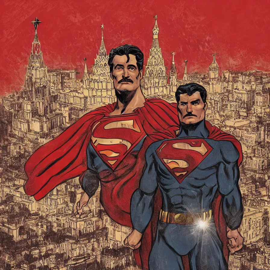 Prompt: epic comic book cover of stalin as superman floating over the red square ( moscow ), hammer and sickle, socialist realism, soviet nostalgia, sovietwave aesthetic, photorealistic, intricate digital art, trending artstation, artgem, rich moody colors, fan art, concept art, in the style of the red son, by cory walker and ryan ottley