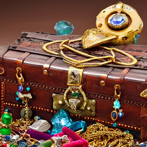 Image similar to A pirate chest filled with jewels and crystal artefacts, 4k, hdri, museum quality photo