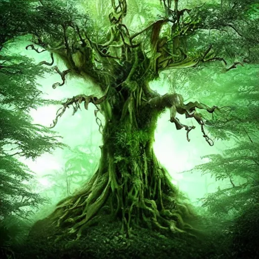 Prompt: horrific, spectacular tree in a densely overgrown, sombre jungle, fantasy, dreamlike sunraise, ultra realistic